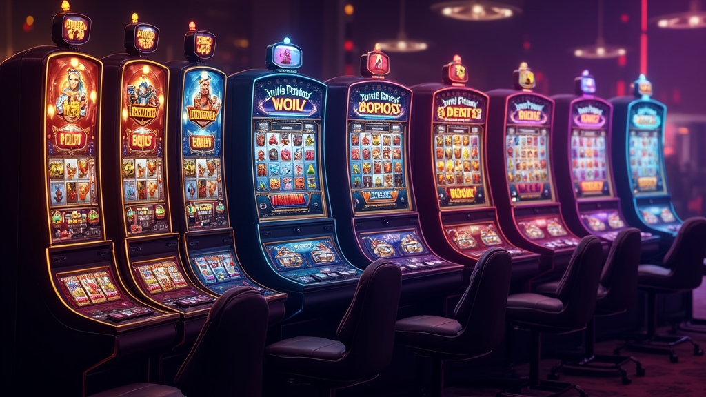 Slotmachines met uiteenlopende thema's en speelse effecten in een donkere casinoruimte.