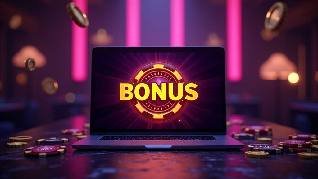 Casino-interface met bonuskaart, free spins en een donkere neon sfeer