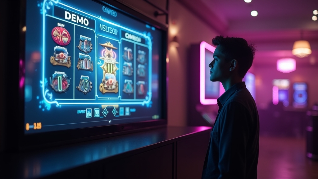 Speler bekijkt een demo-slotinterface in een donkere casino-omgeving.
