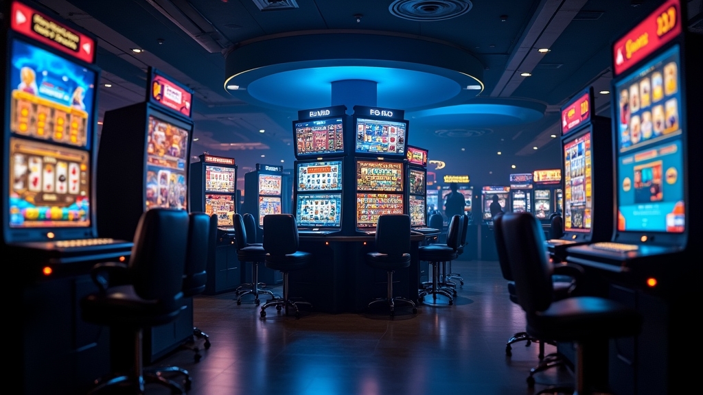 Donkere casino-lounge met schermen vol verschillende slot- en spelcategorieën.