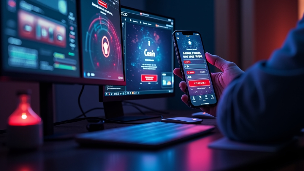 Speler logt veilig in via desktop en mobiel in een donkere casino-omgeving