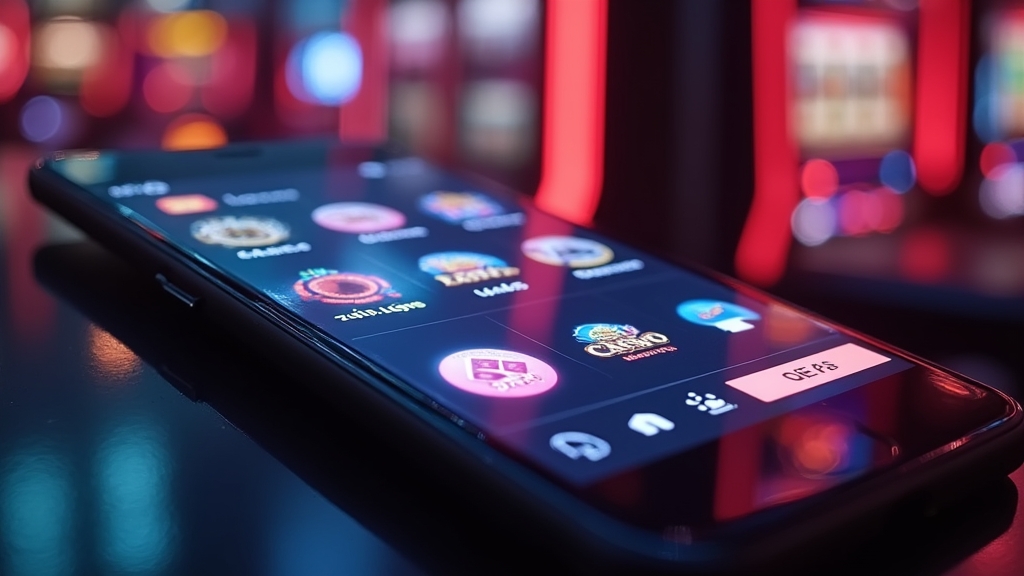 Smartphone met mobiele casino-app in een donkere casinoruimte